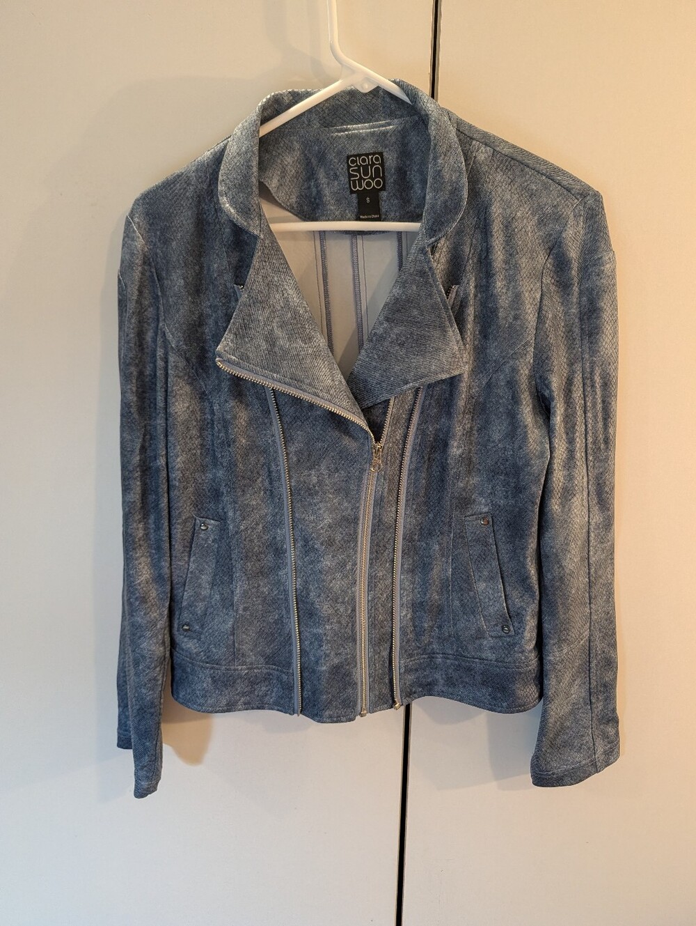 CLARA SUNWOO Washed Blue Faux-Suede Moto Jacket Size Small